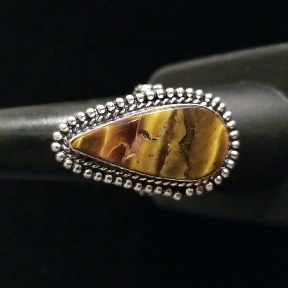 Jewelry - Teardrop Tigers Eye Ring in Dotted Setting